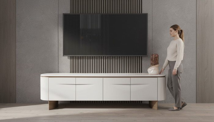 Mobile TV elegante RTV Lowboard parete attrezzata credenza bianca in legno design moderno.