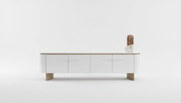 Mobile TV elegante RTV Lowboard parete attrezzata credenza bianca in legno design moderno.