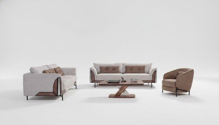 Set da soggiorno completo con divano marrone-grigio 3+3+1, tavolino.