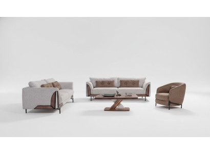 Set da soggiorno completo con divano marrone-grigio 3+3+1, tavolino.
