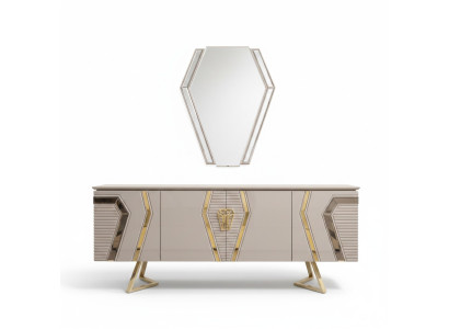 Lussuoso comò bianco e dorato con specchio, credenza da designer in legno.