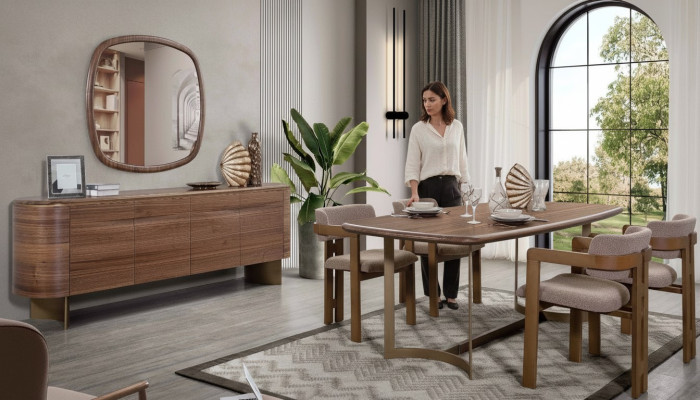 Set da pranzo Tavolo da pranzo 4 sedie Comò Specchio Set moderno Marrone Gruppo da pranzo