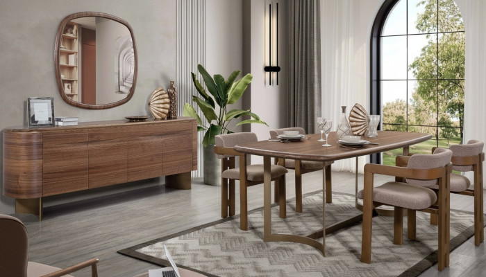 Set da pranzo Tavolo da pranzo 4 sedie Comò Specchio Set moderno Marrone Gruppo da pranzo
