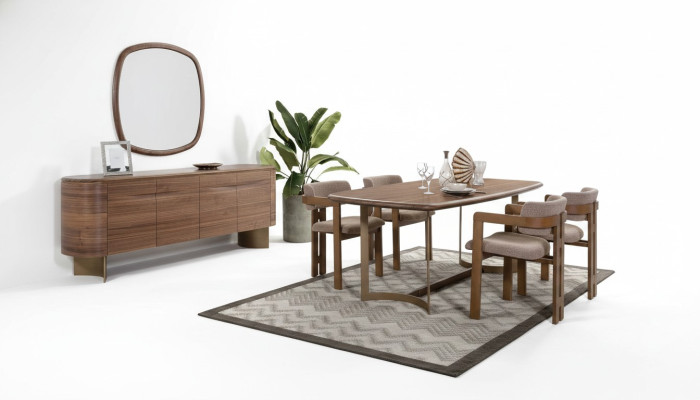 Set da pranzo Tavolo da pranzo 4 sedie Comò Specchio Set moderno Marrone Gruppo da pranzo