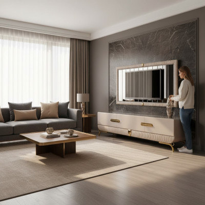 Parete attrezzata in legno, stile moderno, scaffale, mobili da soggiorno, armadio RTV con cornice TV.