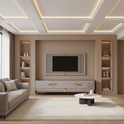 Parete attrezzata in legno, stile moderno, scaffale, mobili da soggiorno, armadio RTV con cornice TV.