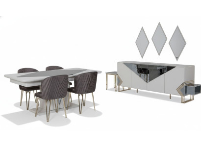 Lussuoso set da pranzo con tavolo da pranzo di design x4 sedie comò specchio