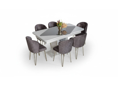 Tavolo da pranzo bianco da designer x6 sedie tessili viola scuro set da pranzo per la sala da pranzo