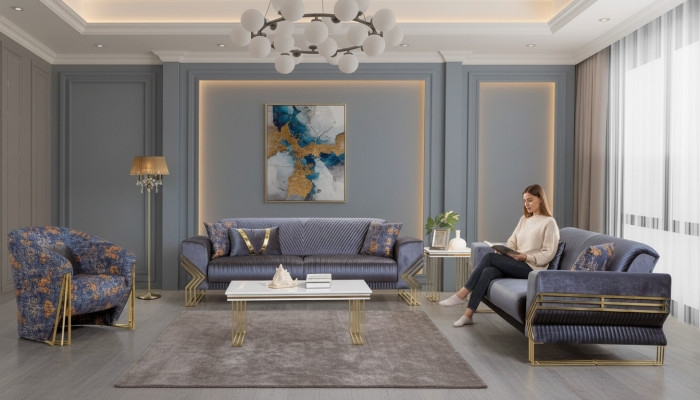 Soggiorno blu chiaro Set designer 3 posti poltrona di lusso Tavolino