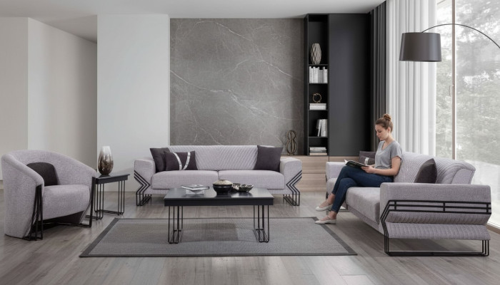 Gruppo divano grigio chiaro Moderno x2 Divani imbottiti Poltrone design Tavoli