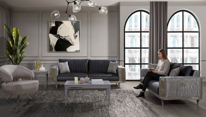 Soggiorno grigio, set di divani di design, divani di lusso, tavolino da salotto, tavolino da appendere.