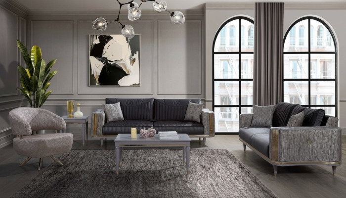 Soggiorno grigio, set di divani di design, divani di lusso, tavolino da salotto, tavolino da appendere.