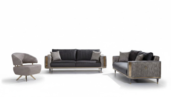 Soggiorno grigio, set di divani di design, divani di lusso, tavolino da salotto, tavolino da appendere.