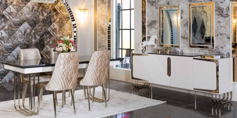 Mobili da sala da pranzo eleganti in acciaio inossidabile, set tavolo da pranzo, cassettiera e specchio.