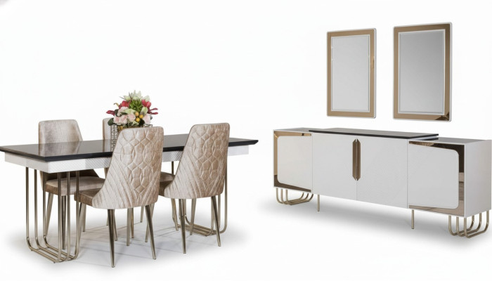 Mobili da sala da pranzo eleganti in acciaio inossidabile, set tavolo da pranzo, cassettiera e specchio.