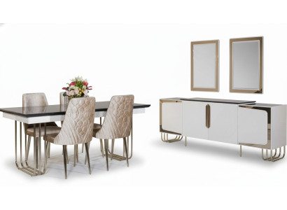 Mobili da sala da pranzo eleganti in acciaio inossidabile, set tavolo da pranzo, cassettiera e specchio.