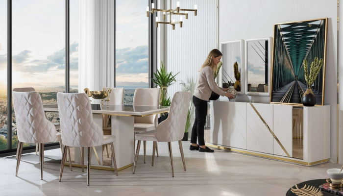 Beige set da pranzo in acciaio inossidabile, tavolo da pranzo design x6 sedie cassettiera
