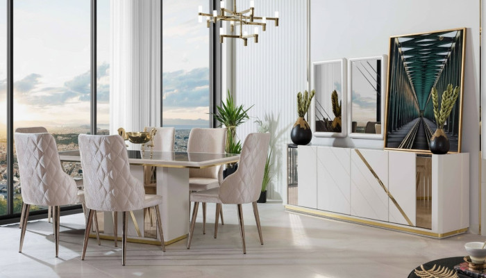 Beige set da pranzo in acciaio inossidabile, tavolo da pranzo design x6 sedie cassettiera