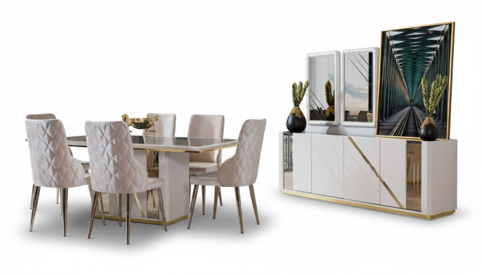 Beige set da pranzo in acciaio inossidabile, tavolo da pranzo design x6 sedie cassettiera