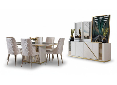 Beige set da pranzo in acciaio inossidabile, tavolo da pranzo design x6 sedie cassettiera