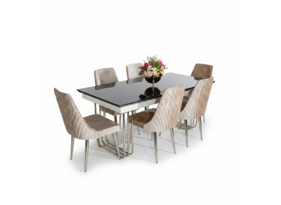 Tavolo da pranzo in vetro bianco e nero con sedie in tessuto da designer per la sala da pranzo.