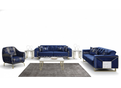 Set di divani blu di lusso con design di divano a tre posti e tavolino e tavolino auxiliare.
