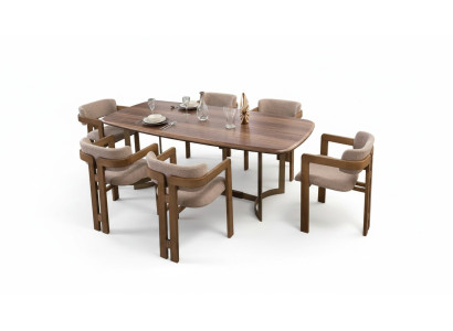 Set da pranzo marrone: sedie imbottite di design, tavolo da pranzo, gruppo da pranzo.