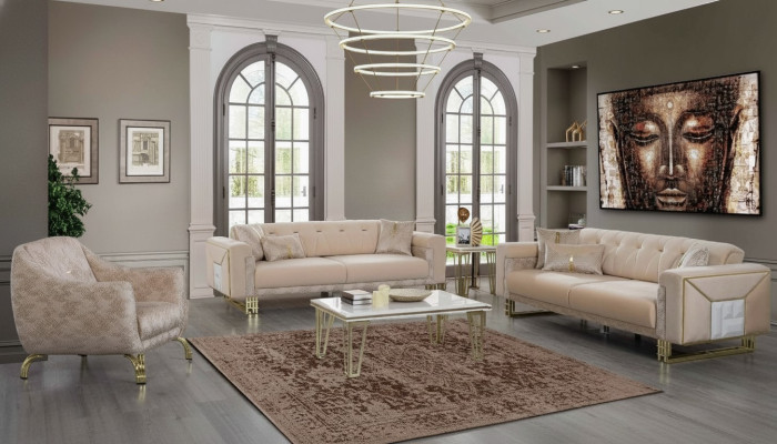 Set completo beige per il salotto: divani, poltrona di lusso, tavolino.