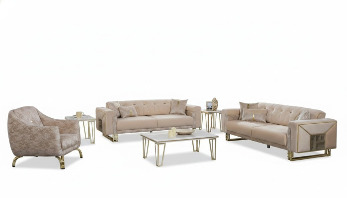 Set completo beige per il salotto: divani, poltrona di lusso, tavolino.
