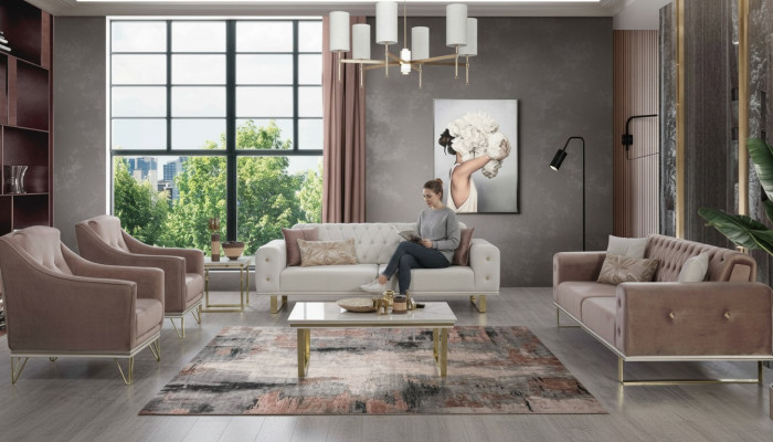 Sofà Chesterfield di design, lussuosi poltrone, tavolino da salotto 6 pezzi
