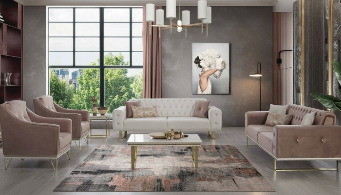 Sofà Chesterfield di design, lussuosi poltrone, tavolino da salotto 6 pezzi
