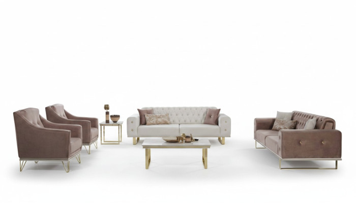 Sofà Chesterfield di design, lussuosi poltrone, tavolino da salotto 6 pezzi