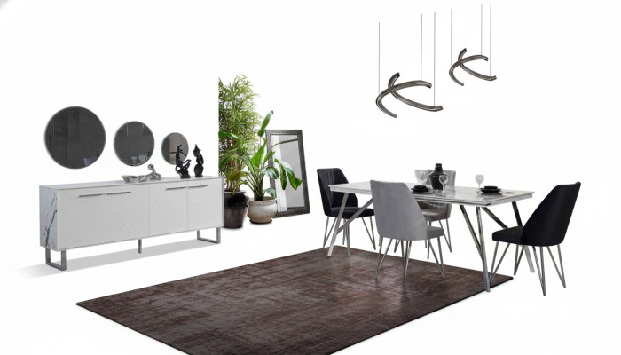 Mobili da sala da pranzo grigio-bianco: cassettiera, tavolo da pranzo e sedie imbottite di lusso.