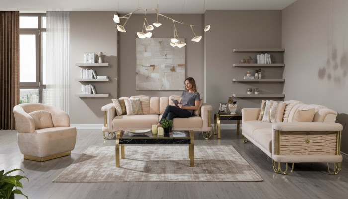 Soggiorno Beige Set Divano a tre posti Divano Poltrona Designer Gruppo