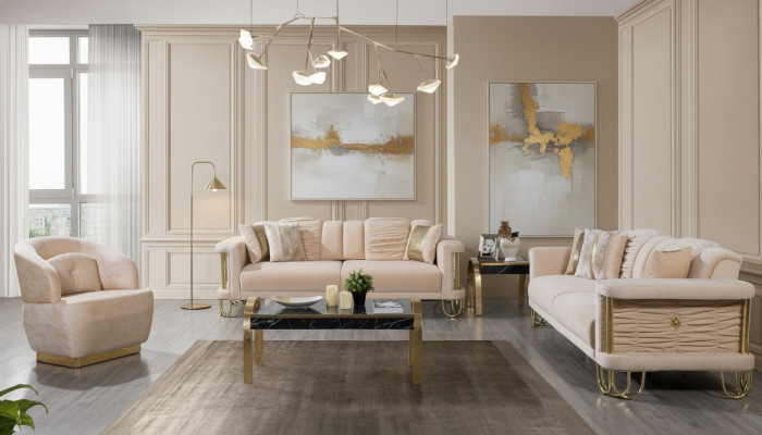 Soggiorno Beige Set Divano a tre posti Divano Poltrona Designer Gruppo