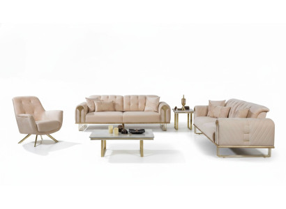 Moderno set di divani color beige per soggiorno x2 poltrone imbottite 3 posti 3 pezzi