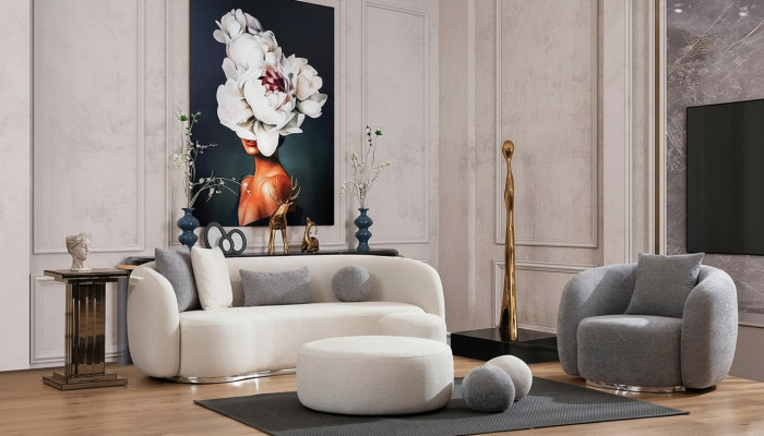Moderno Set di divani 3 posti per soggiorno con pouf e poltrona.