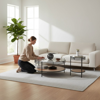 Set di tavolini moderni, tavolino tondo in vetro da designer, tavolino da caffè 2 pezzi.