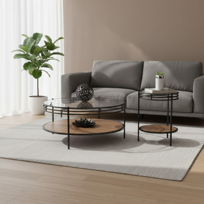 Set di tavolini moderni, tavolino tondo in vetro da designer, tavolino da caffè 2 pezzi.