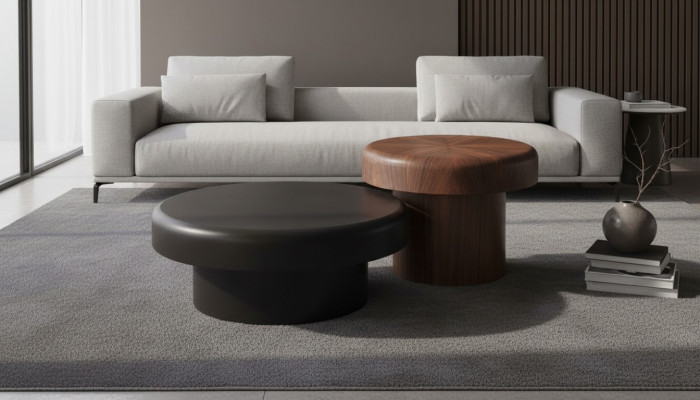 Set di tavoli rotondi di design marrone e nero, tavolino da caffè per il soggiorno, nuovo