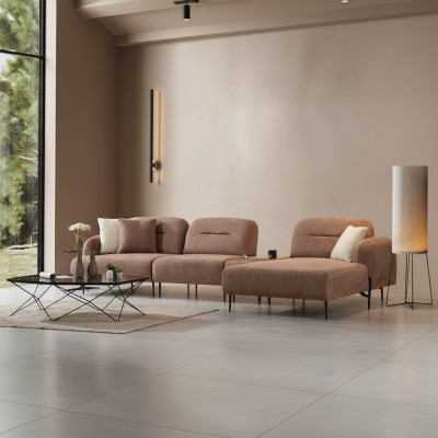 Divano d'angolo marrone per soggiorno, progettato dal designer, imbottitura, divano ad angolo in forma di L.