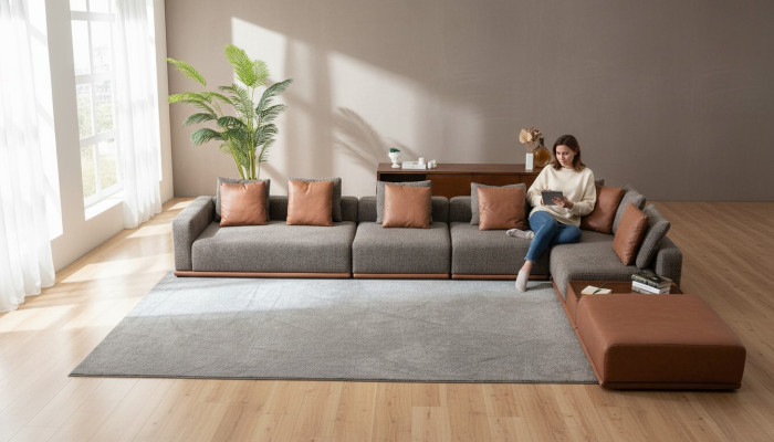 Soggiorno grigio Composizione salotto angolare Divano in tessuto di design
