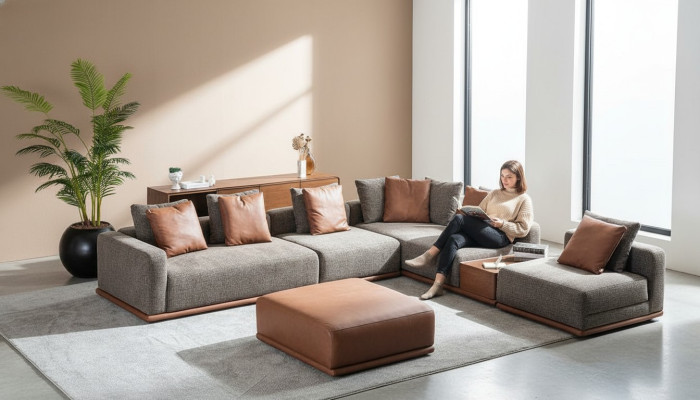 Designer Divano ad angolo grigio a L per il soggiorno con pouf per l'angolo della zona giorno, 2 pezzi.