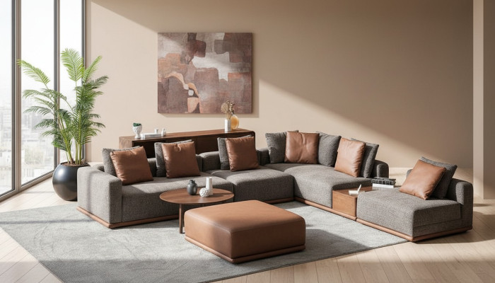 Designer Divano ad angolo grigio a L per il soggiorno con pouf per l'angolo della zona giorno, 2 pezzi.