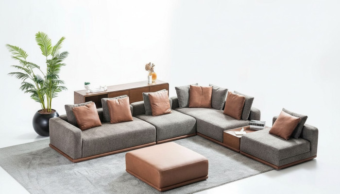 Designer Divano ad angolo grigio a L per il soggiorno con pouf per l'angolo della zona giorno, 2 pezzi.