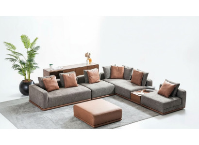 Designer Divano ad angolo grigio a L per il soggiorno con pouf per l'angolo della zona giorno, 2 pezzi.