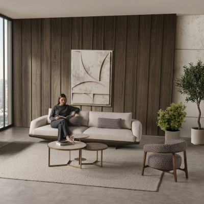 Soggiorno Composizione Divano Grigio a Forma di L Pouf Marrone Mobili di Lusso