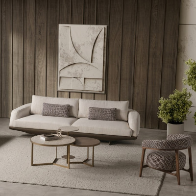 Soggiorno Composizione Divano Grigio a Forma di L Pouf Marrone Mobili di Lusso