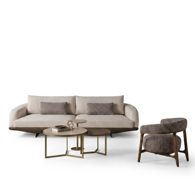 Soggiorno Composizione Divano Grigio a Forma di L Pouf Marrone Mobili di Lusso