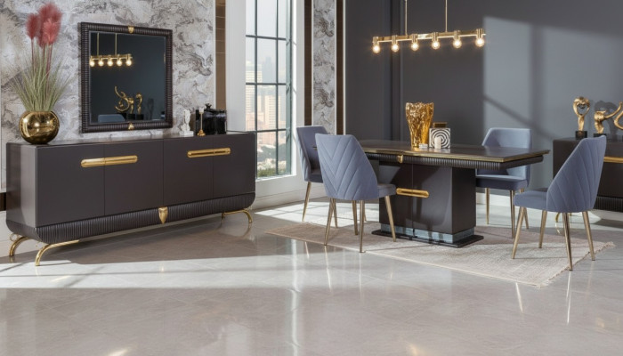 Sala da pranzo in acciaio inossidabile Set da tavola con tavolo da pranzo di design, 4 sedie, credenza 7 pezzi.   Sala da pranzo in acciaio inossidabile, set da tavola con tavolo da pranzo di design, 4 sedie, credenza 7 pezzi.